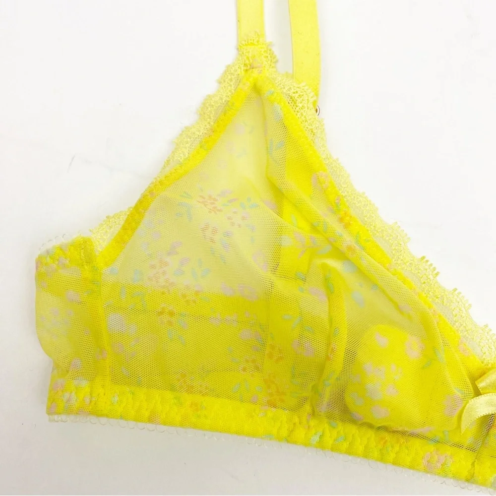 Savage X Fenty Ditsy Floral Limelight Unlined Mesh Lace Bralette Yellow Pink